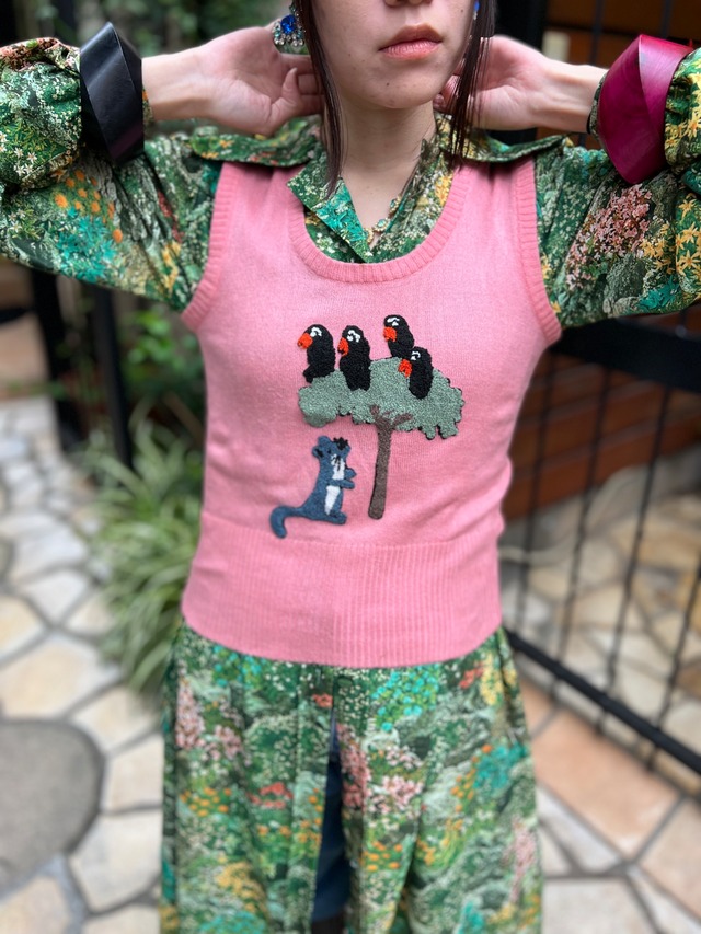 Vintage pink bird × tree animal knit vest ( ヴィンテージ  ピンク × 鳥 木 アニマル ニット ベスト )