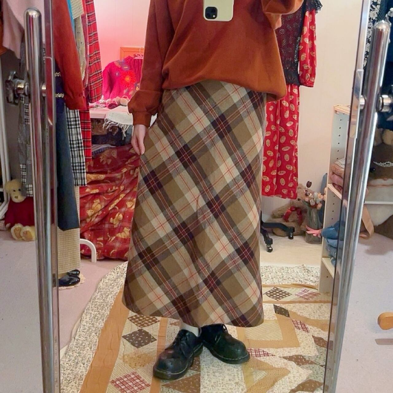 orange check wool long skirt