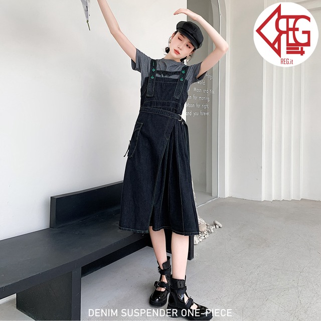 【REGIT】DENIM SUSPENDER ONE-PIECE 韓国ファッション サスペンダースカート オーバーオール デニム ボトム 個性的 10代 20代 着回し 着映え ネット通販 TAJ002