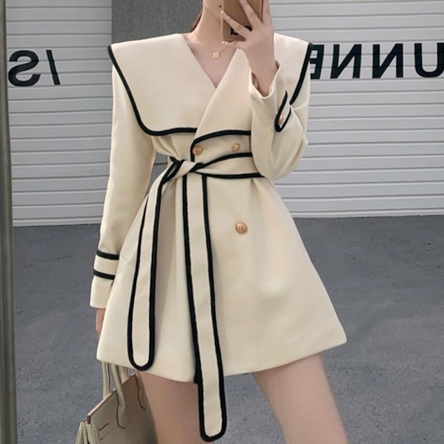 【S~L,3color】ビッグカラー バイカラー 千鳥格子柄 コート a053