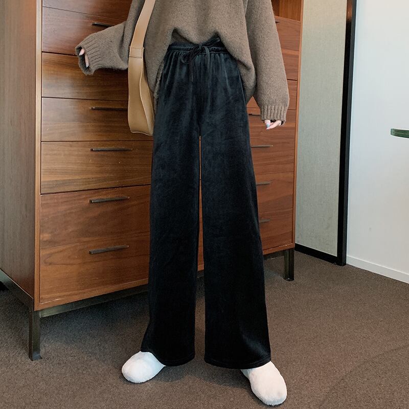 ベルベットルーズパンツ スプリングブラックハイウェストカジュアル 春物 萌量不足12812724800