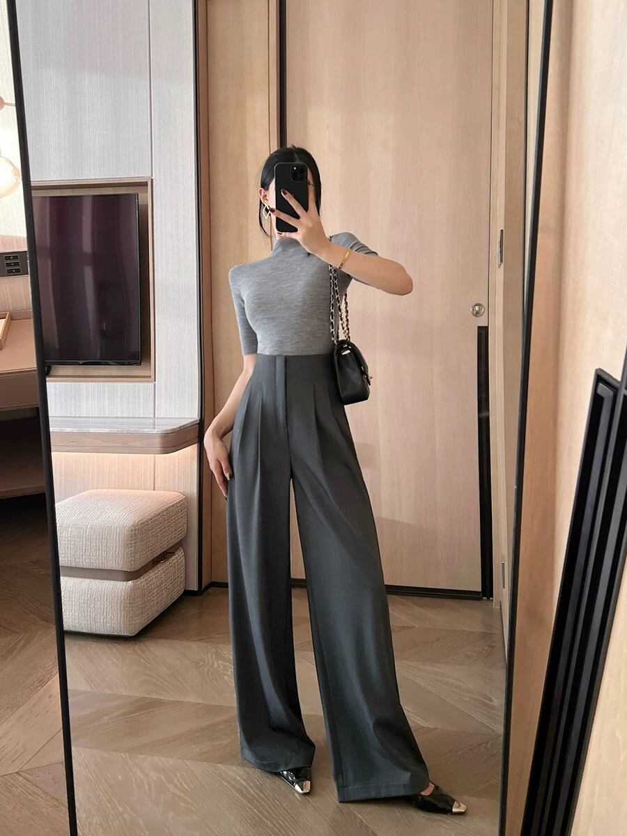 ハイウェストワイドストレートパンツGRY 楽天市場】ハイウエスト ワイド ストレート タック パンツ 女性