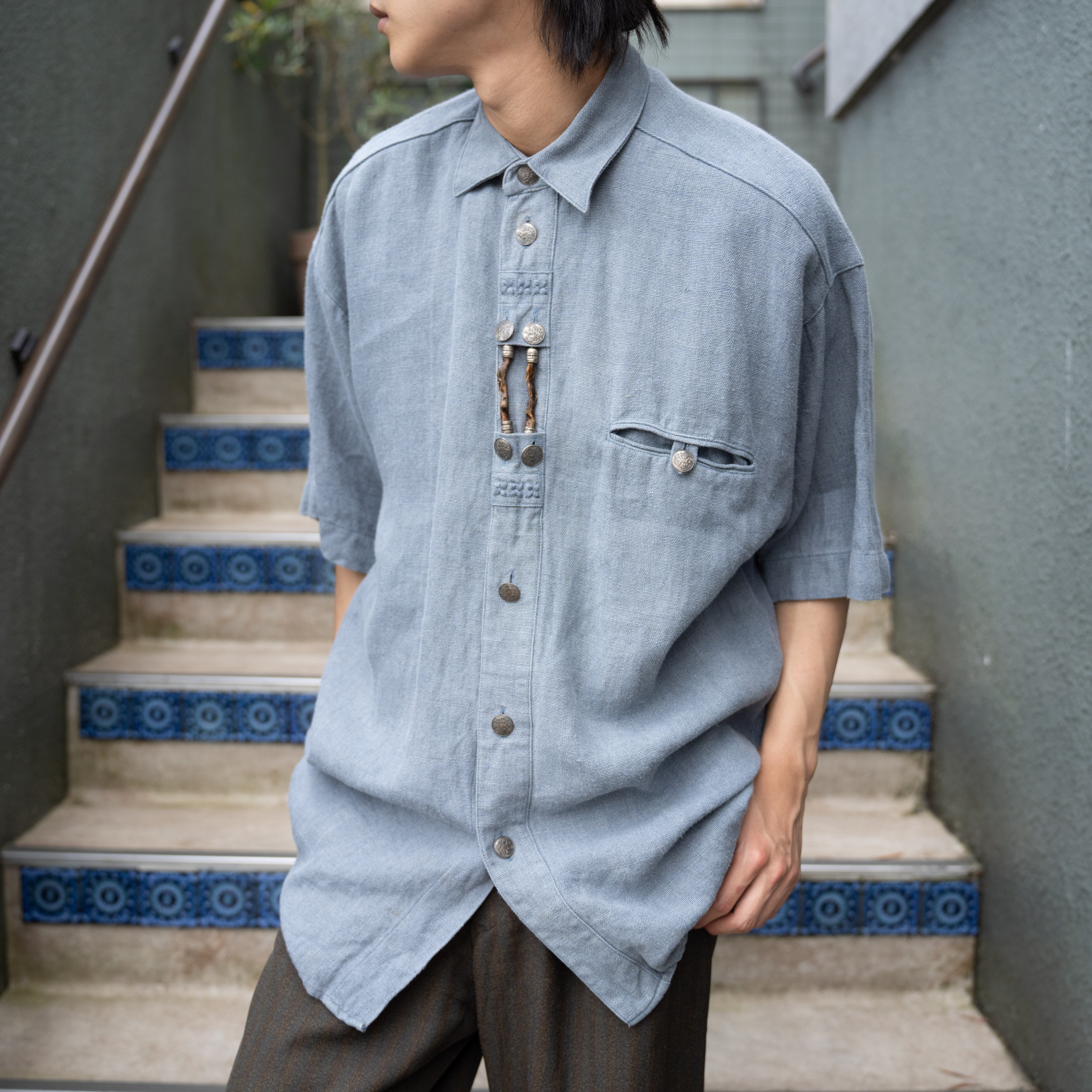 SPECIAL ITEM* EU VINTAGE LANDHAUS HALF SLEEVE GIMMICK DESIGN LINEN