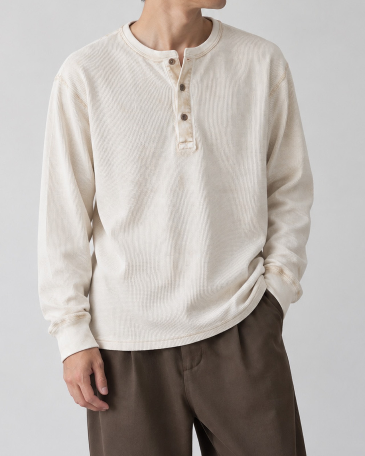 【Select】ワッフルヘンリーネック ピグメント長袖Tシャツ　(260917)