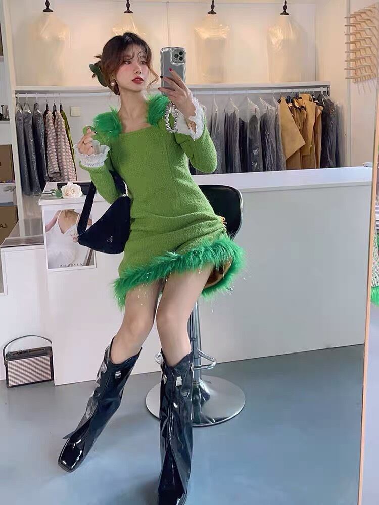 ワンピース ツイード 緑 ワンピース チェック 黄色 ファー 可愛い 姫