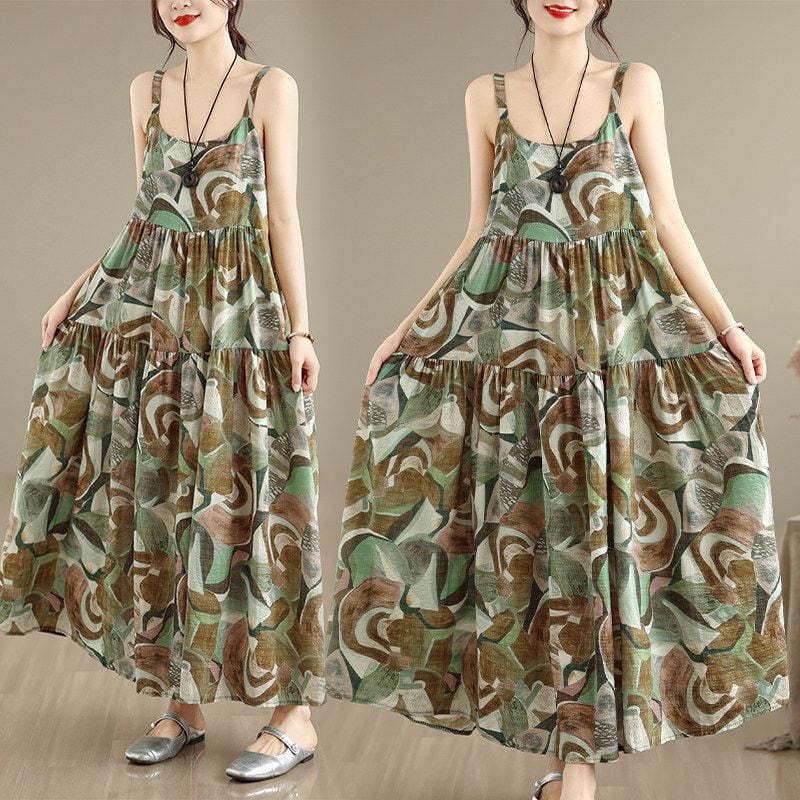 FLORAL TIERED SLEEVELESS ASYMMETRIC MAXI DRESS M-17684