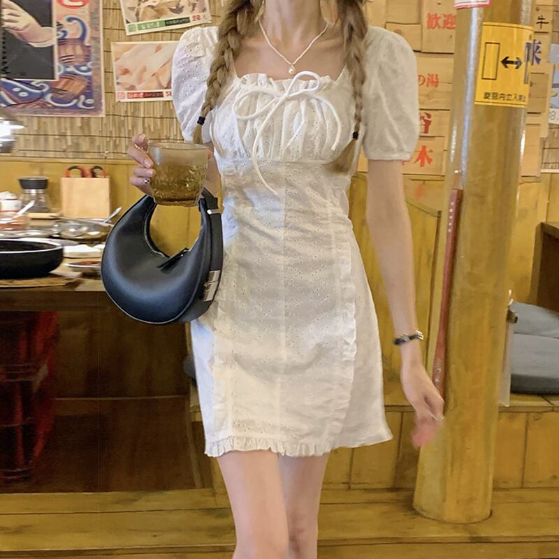 スリーブホワイトドレス サマーウェストスカート 大人ガーリー スウィート キュート カジュアル 夏物 スーパーモール51083033855