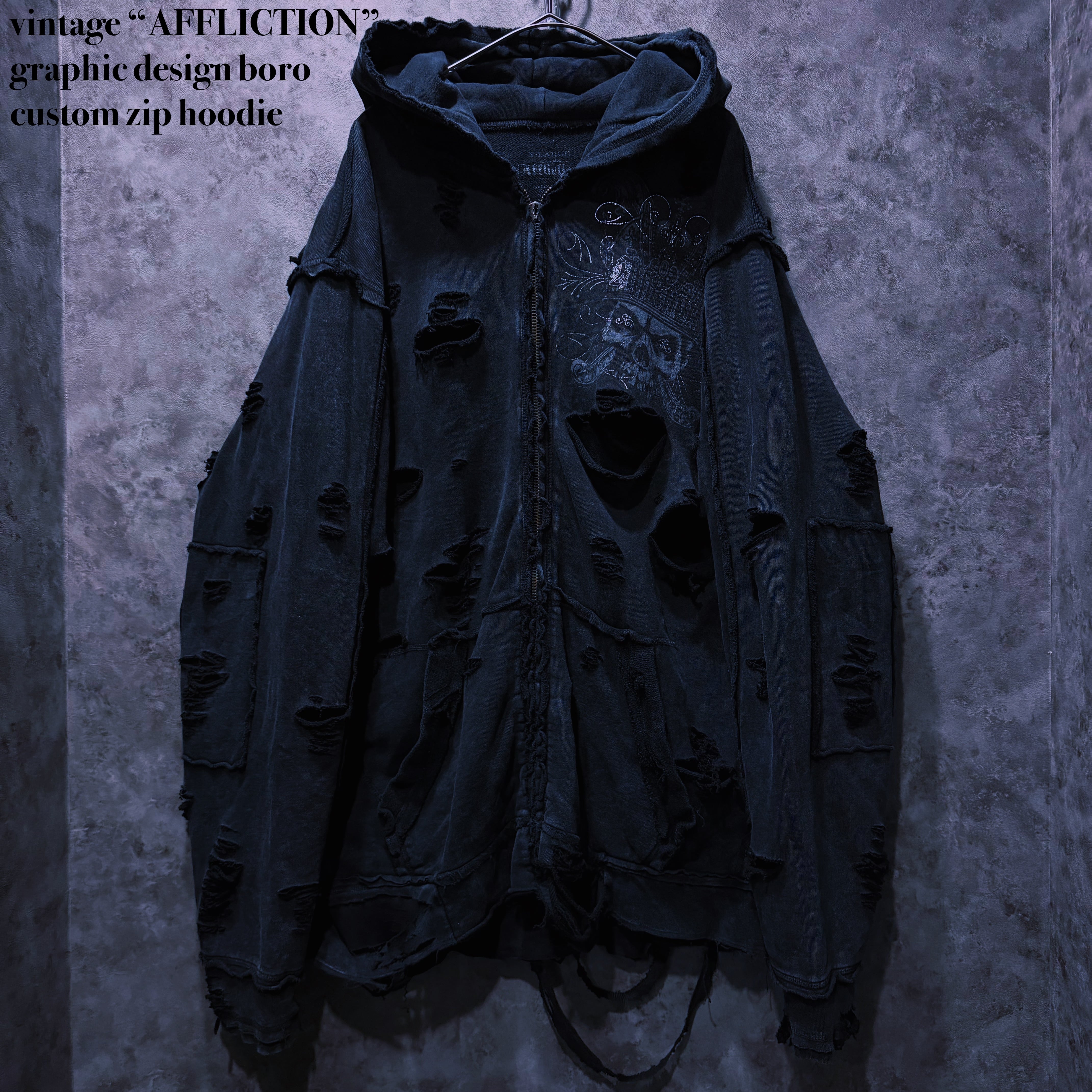 【doppio】vintage “AFFLICTION” graphic design boro custom zip hoodie