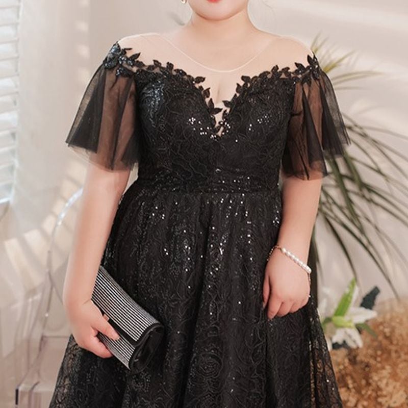 3XL〜7XL】スパンコールオーガンジーミディ丈ドレス D1613 | 演奏会