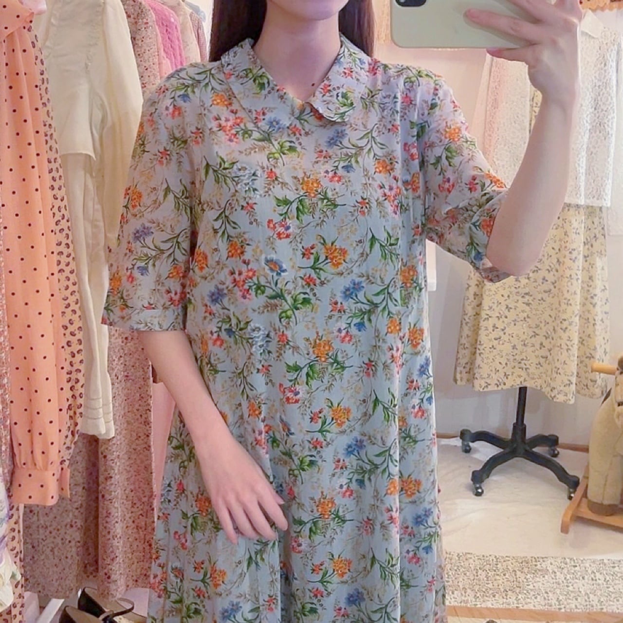 botanical flower light blue one-piece