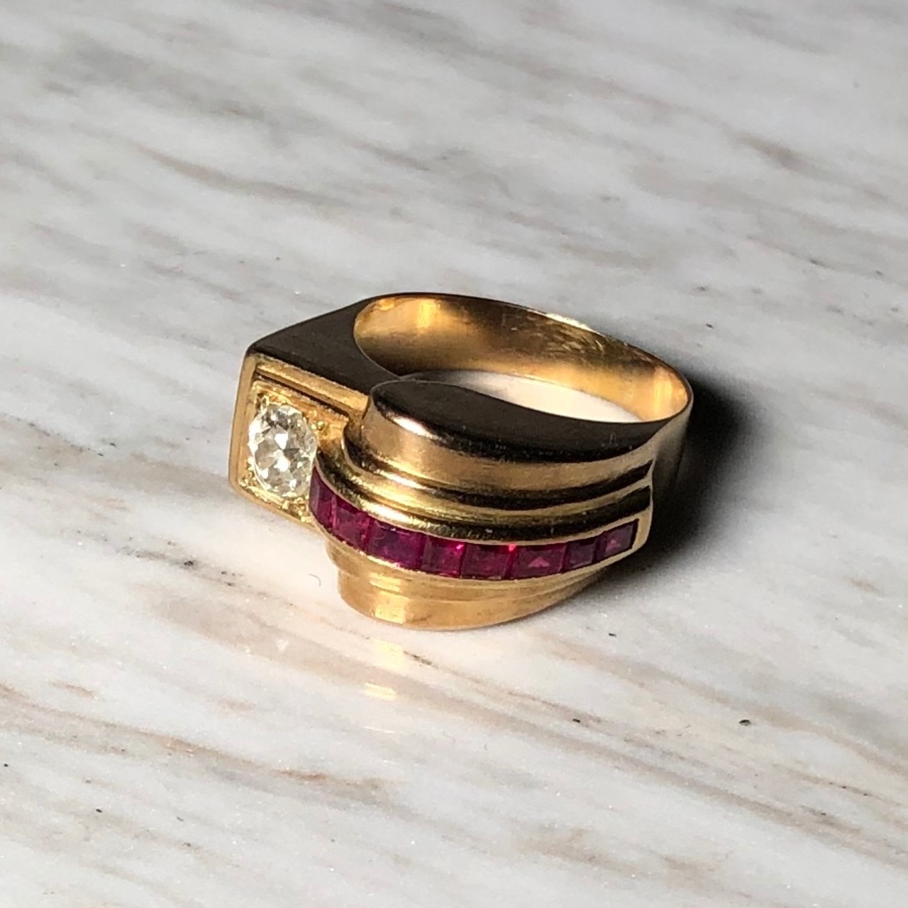 vintage c1940 18ct gold tank ring set with ruby&diamond | NOIR ONLINE