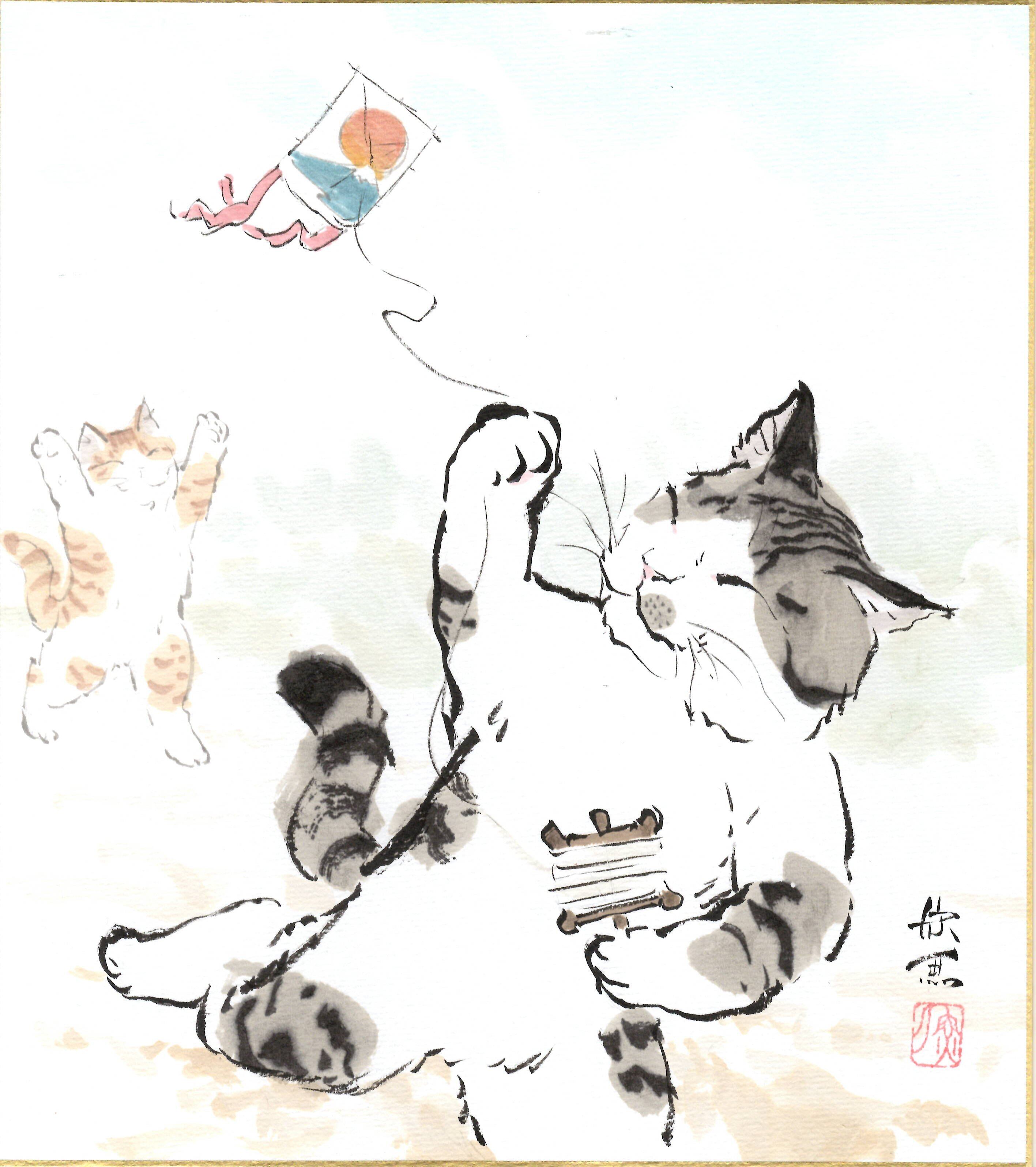 西村欣魚「猫の凧揚げ」色紙絵 | 吉村唐木店 WEBSHOP