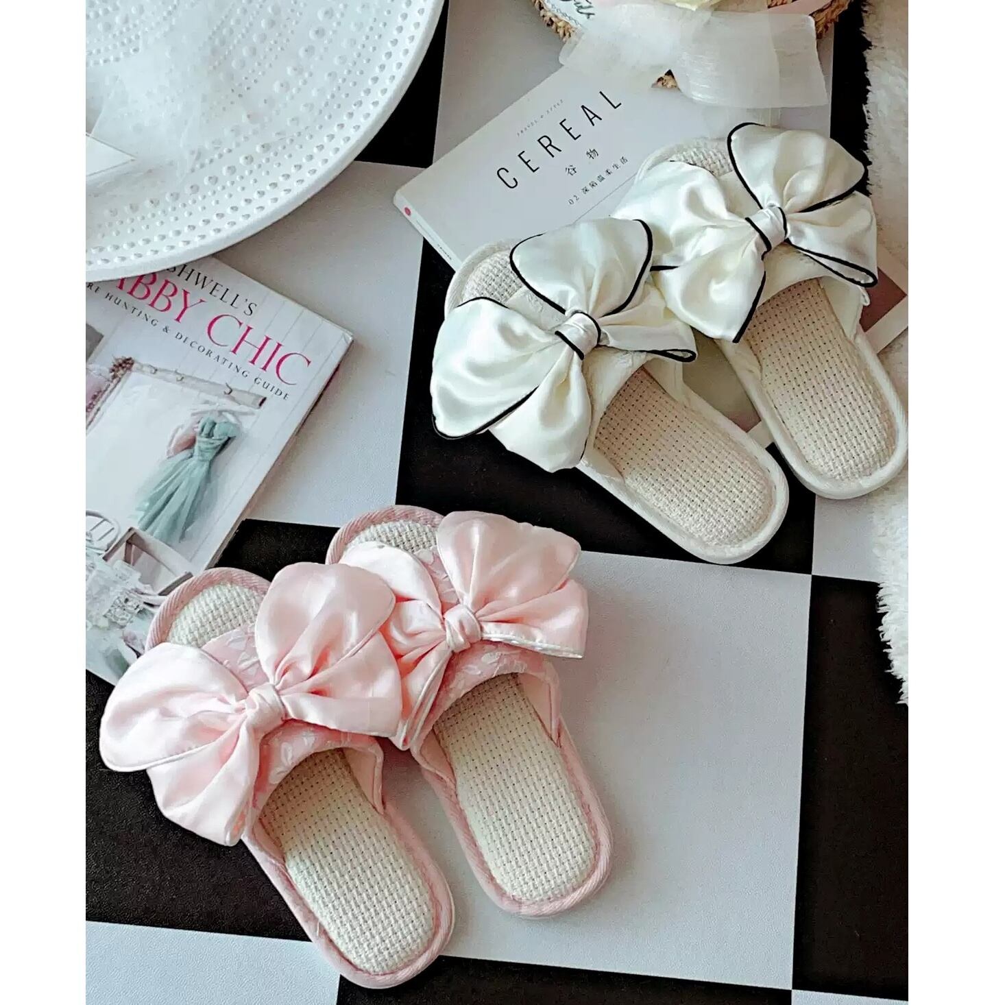 【23.0cm~25.5cm】open toe big ribbon decoration room slippers p1723