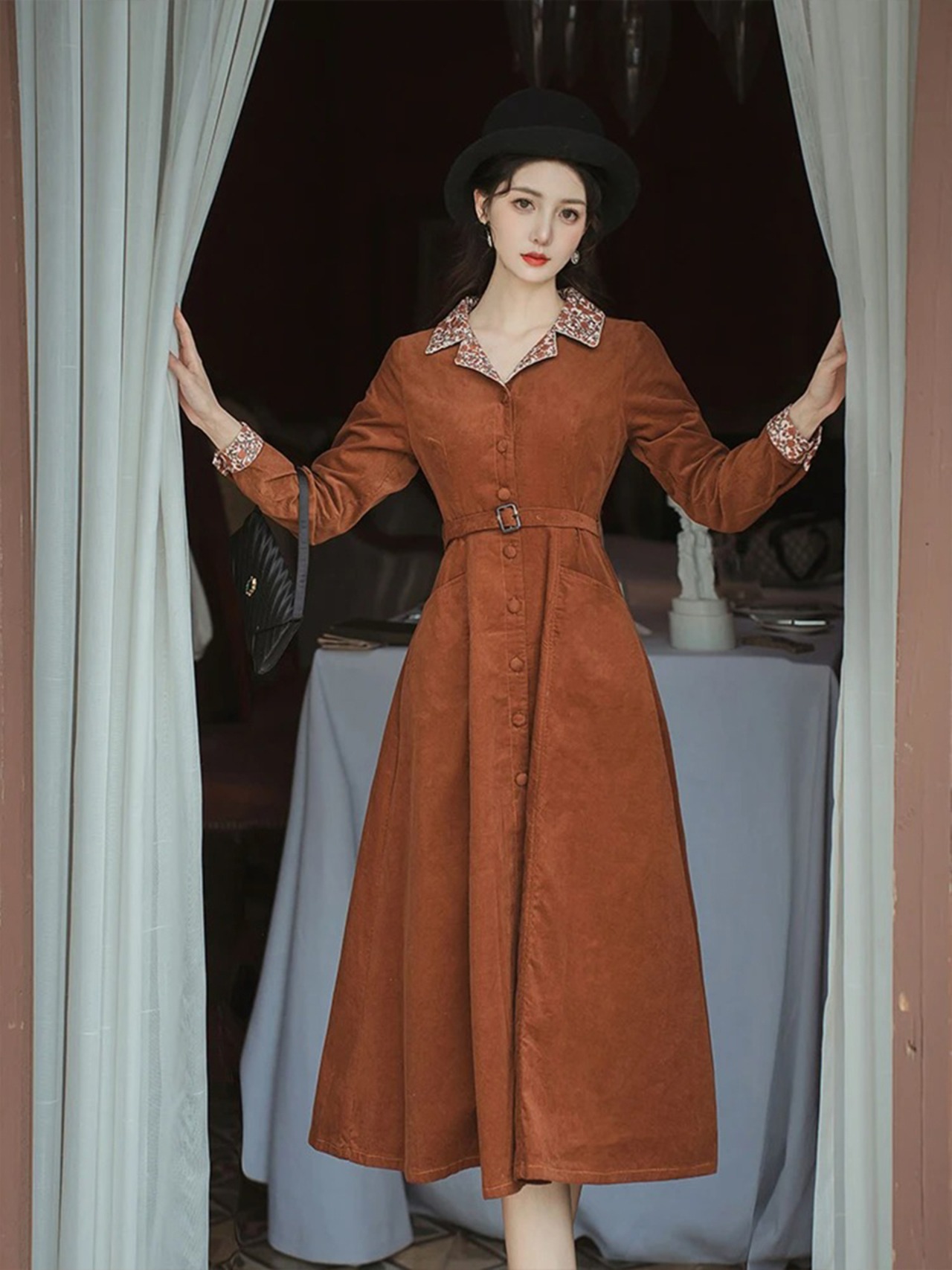 【0112】Waist Belt Retro Long Sleeve Dress