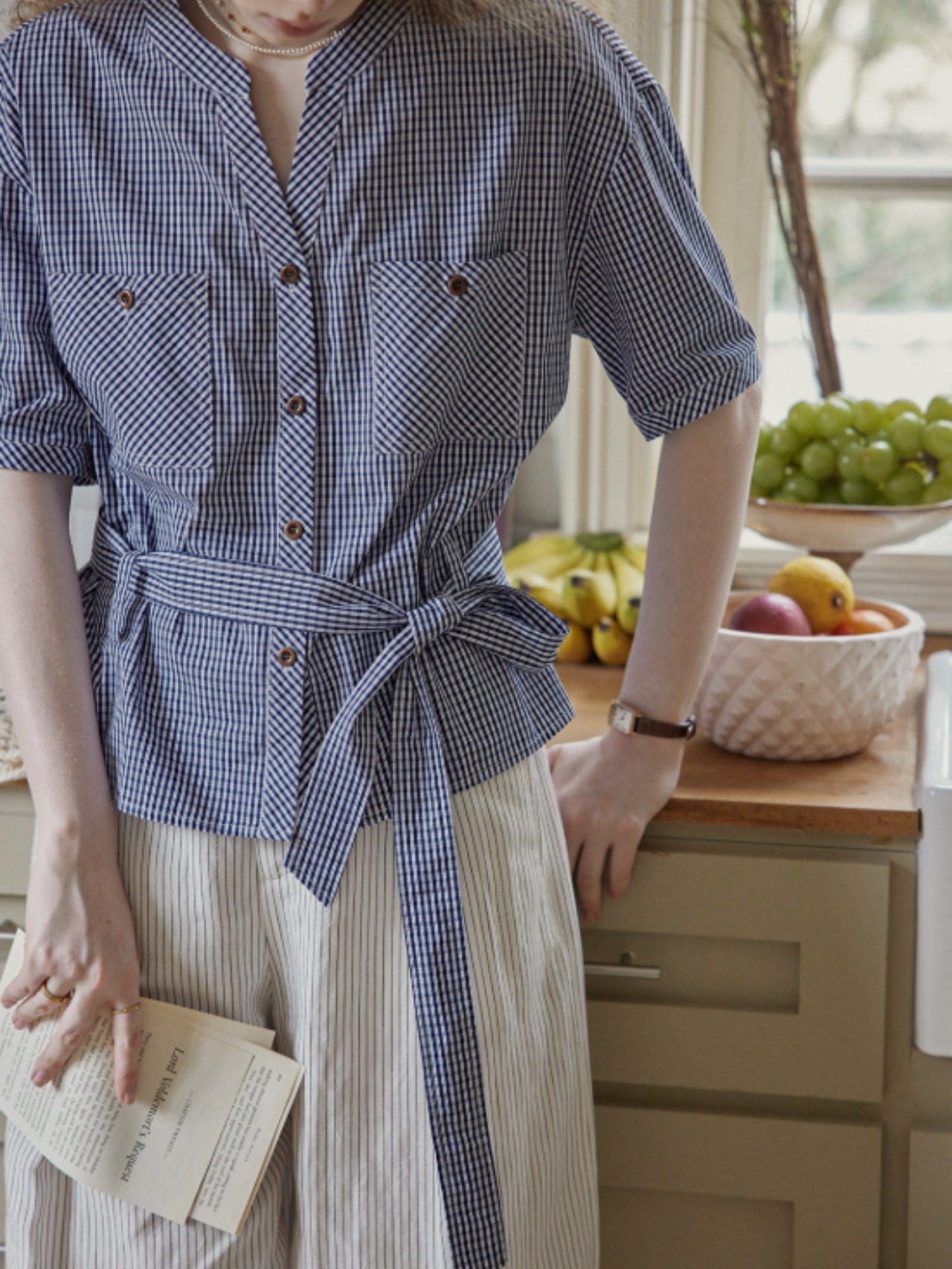 Cassis Gingham Belt Blouse F0696