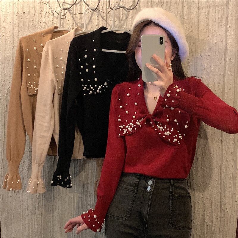 ニットセーター スタンダードレッドシャツ スプリングスリムトップス レトロ 春物 ブラックストロベリース4864192214