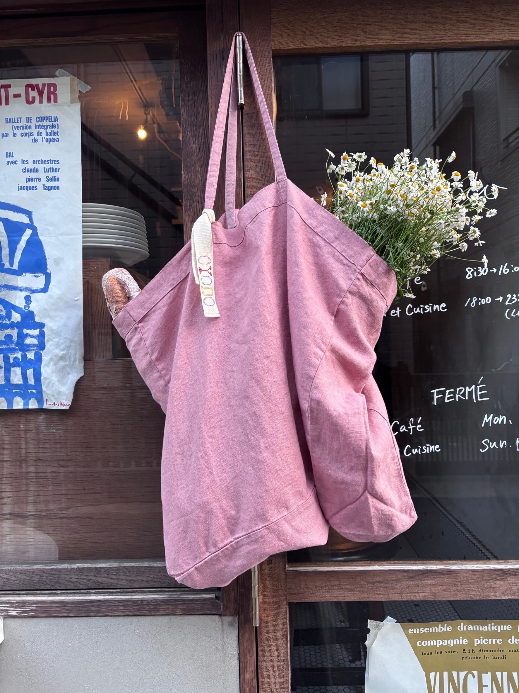 ハンドメイド リネントートバッグ「ピンクの花」 4754491423d904658333cbf94f67fd