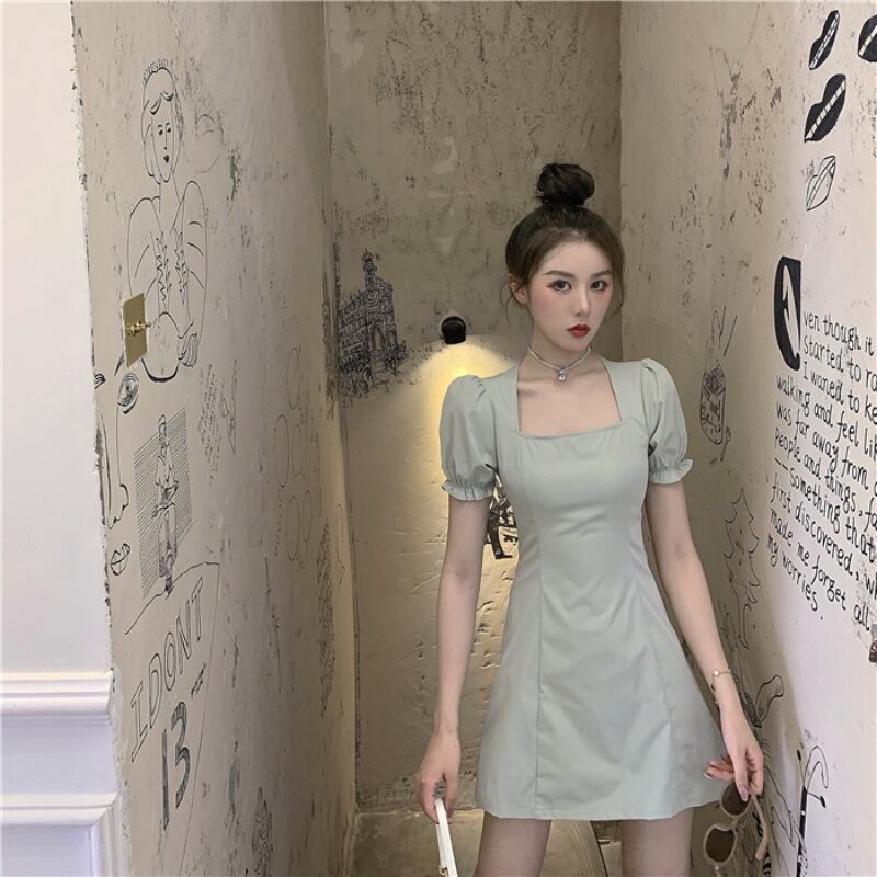 フレンチレトロスクエアネックパフスリーブドレス女性の夏の腰ウエスト痩身ショートスカート2020新しいaラインスカート ブラックストロベリース56269222425