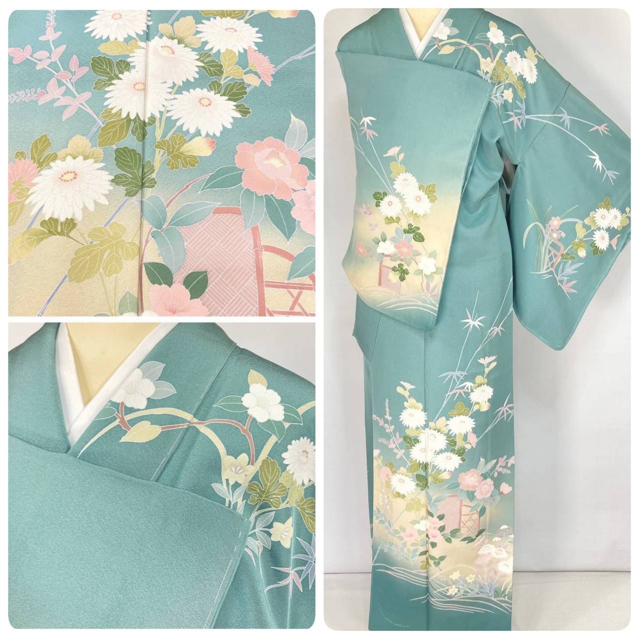 型染め友禅 茶屋辻 松 竹 訪問着 袷 正絹 水色 白 ブルー 1404