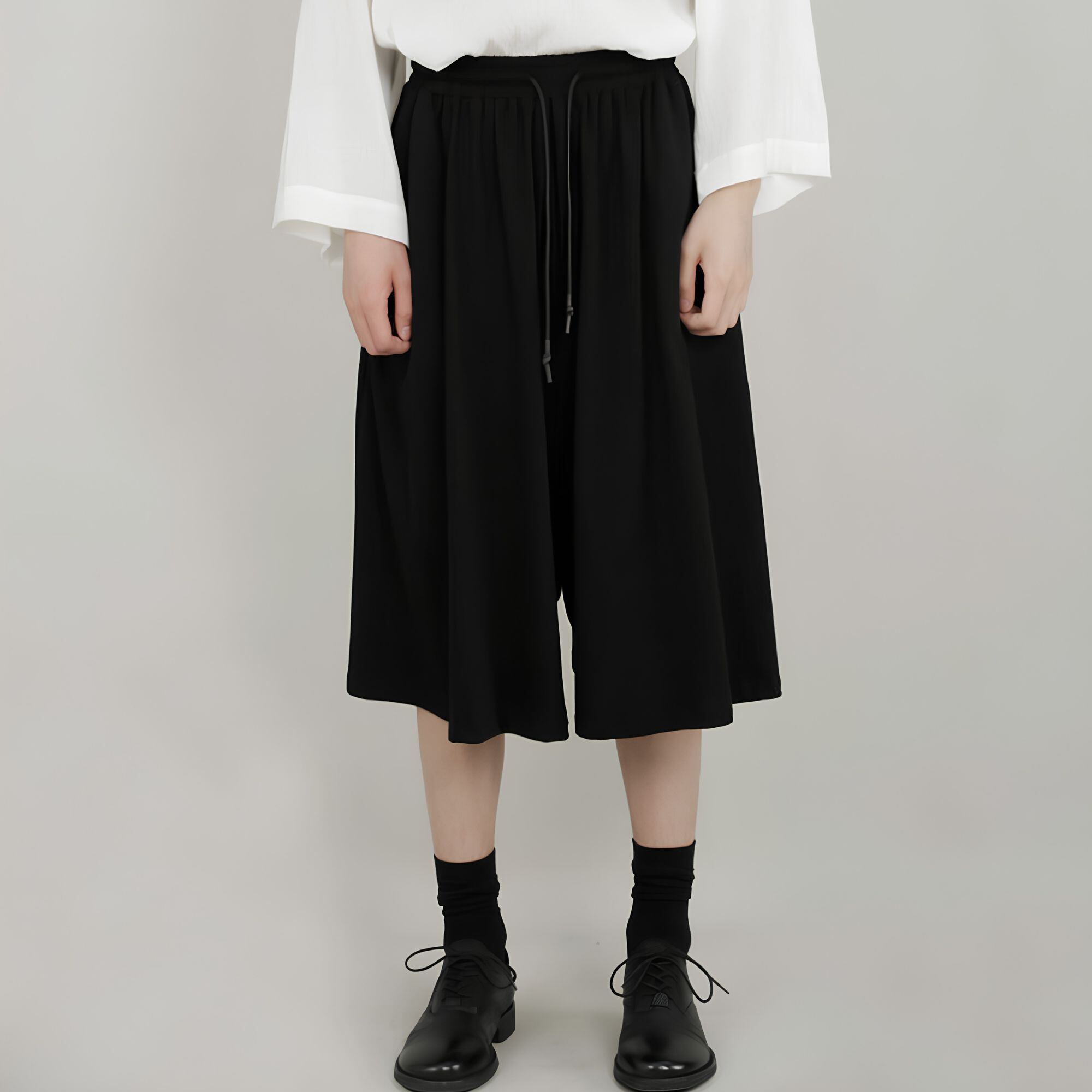 【ORV0068】Draped Wide-Leg Culottes, Loose Cropped Pants