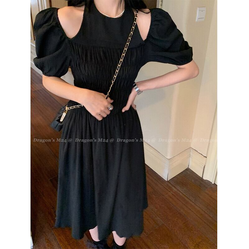 ブラックドレス サマースタンダードウェストスリーブスカート レトロ 夏物 ガールズファッション76139486499