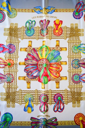 【1990s】"LES RUBANS DU CHEVAL 1988 " Hermès Carré 90 Silk Scarf