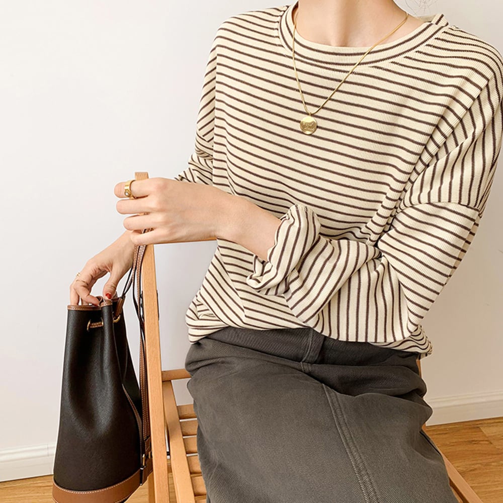 ボーダー Tシャツ 長袖 トップス レディース 春秋 韓国 きれいめ 大人 かわいい ゆったり おしゃれ ラウンドネック 大人可愛い 大人女子