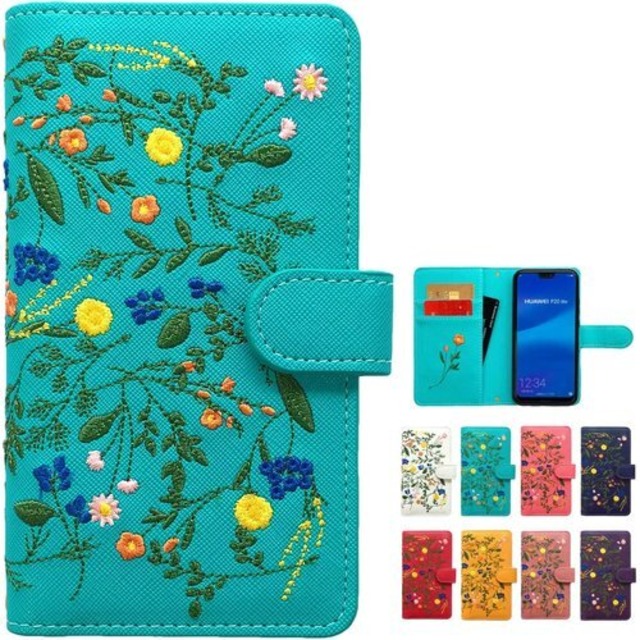 AQUOS R8 SH-52D 専用 ケース カバー ボタニカル 花 刺繍 手帳 手帳型 SH-52Dケース SH-52Dカバー 手帳型ケース 手帳型カバー スマホ スマホケース スマホカバー 花柄 ターコイズ 2272