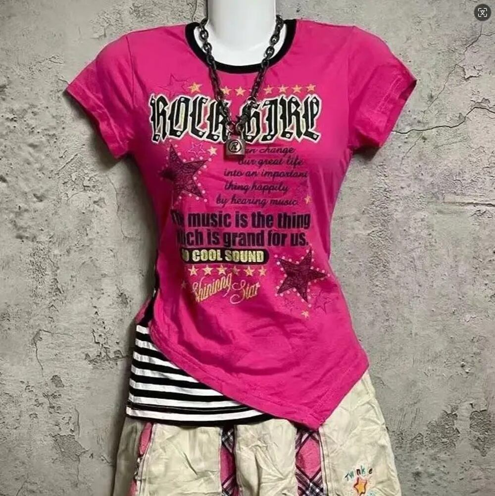 女性用ピンク半袖トップス,ゴシック,ロック,パンク,グランジ,シック