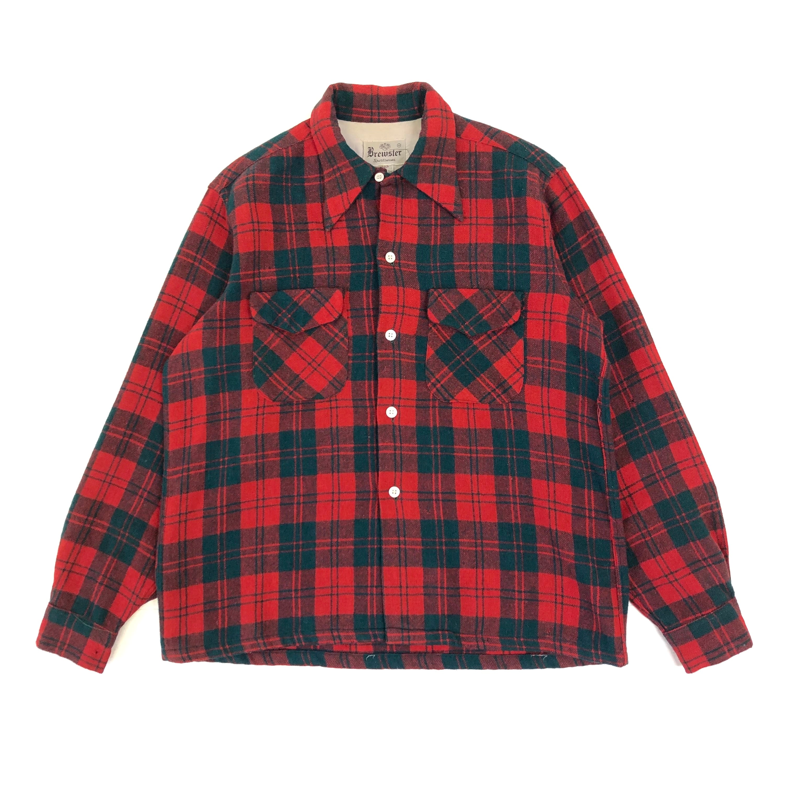 0381 / ~1960's Brewster plaid wool shirt レッド グリーン オープン