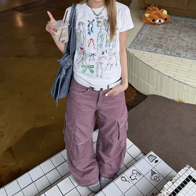 コントラストステッチワイドシルエットカーゴパンツ 2col R02455
