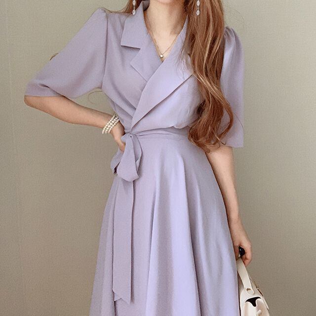 ワンピース レディース 膝下丈 ワンピースドレス カシュクール 襟付き ウエストリボン お呼ばれ パーティ おしゃれ パープル/グリーン/ブラック