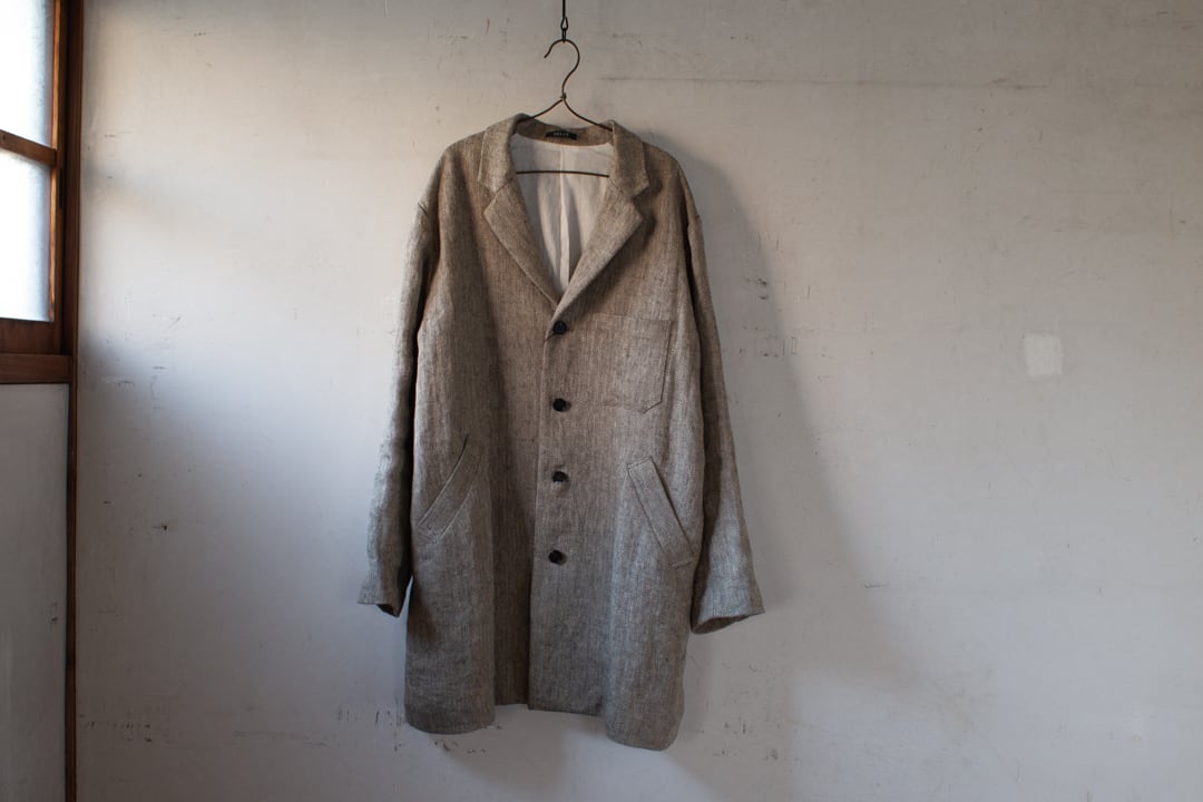 【予約販売】SALUÉ ユニセックスコートジャケット/ヘリンボーンリネン<ダークブラウン×アイボリー>(サイズ1)