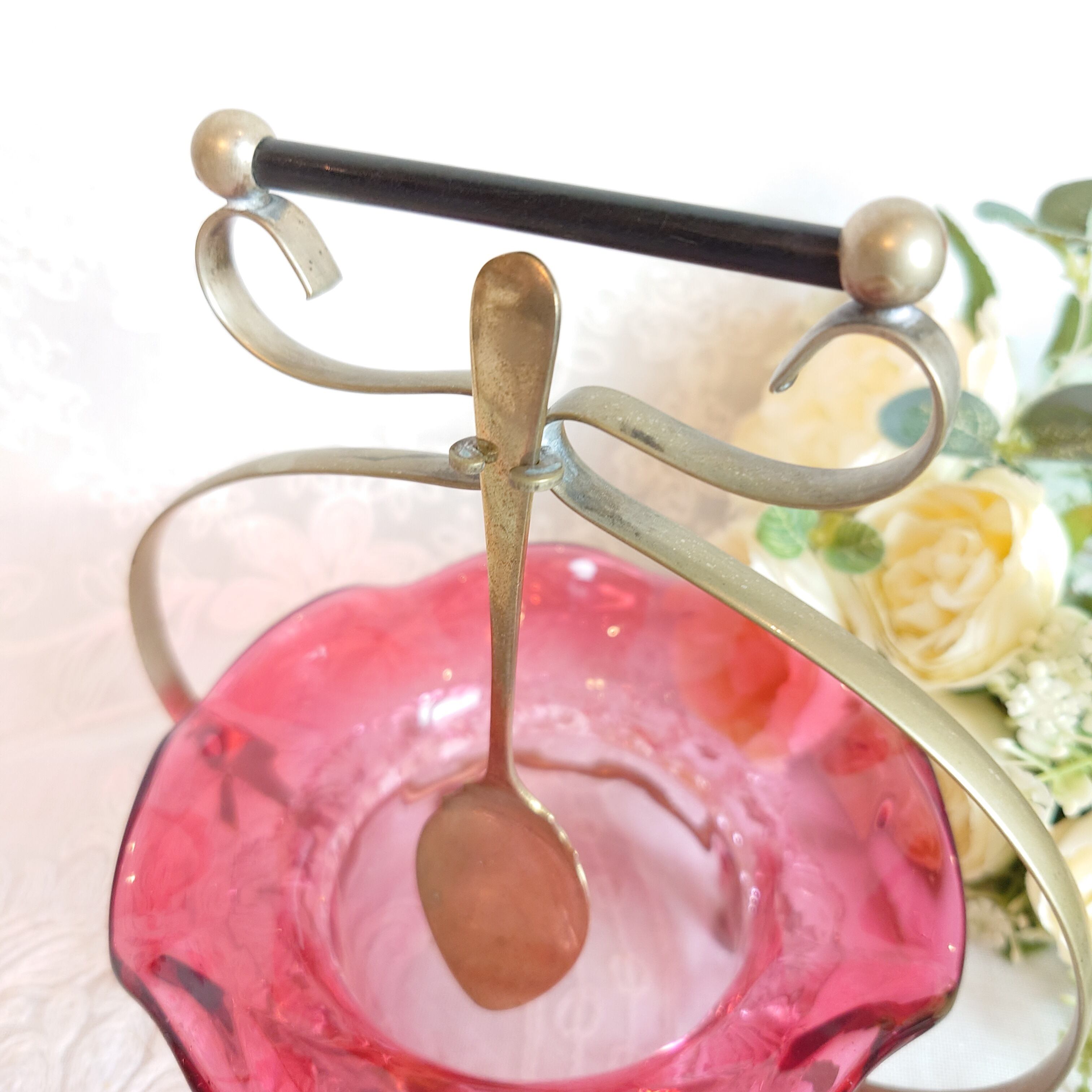 クランベリーガラス ジャムディッシュ シルバーフレーム付 イギリス