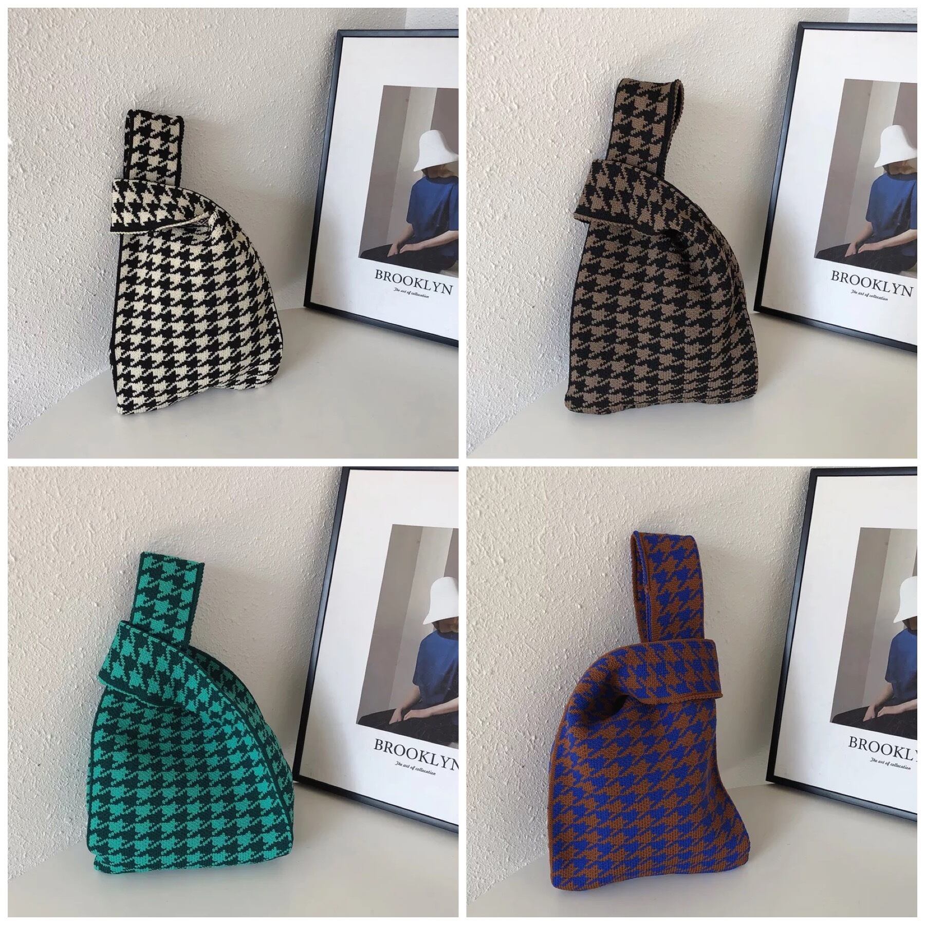 【4color】千鳥柄ニットミニトートバッグ