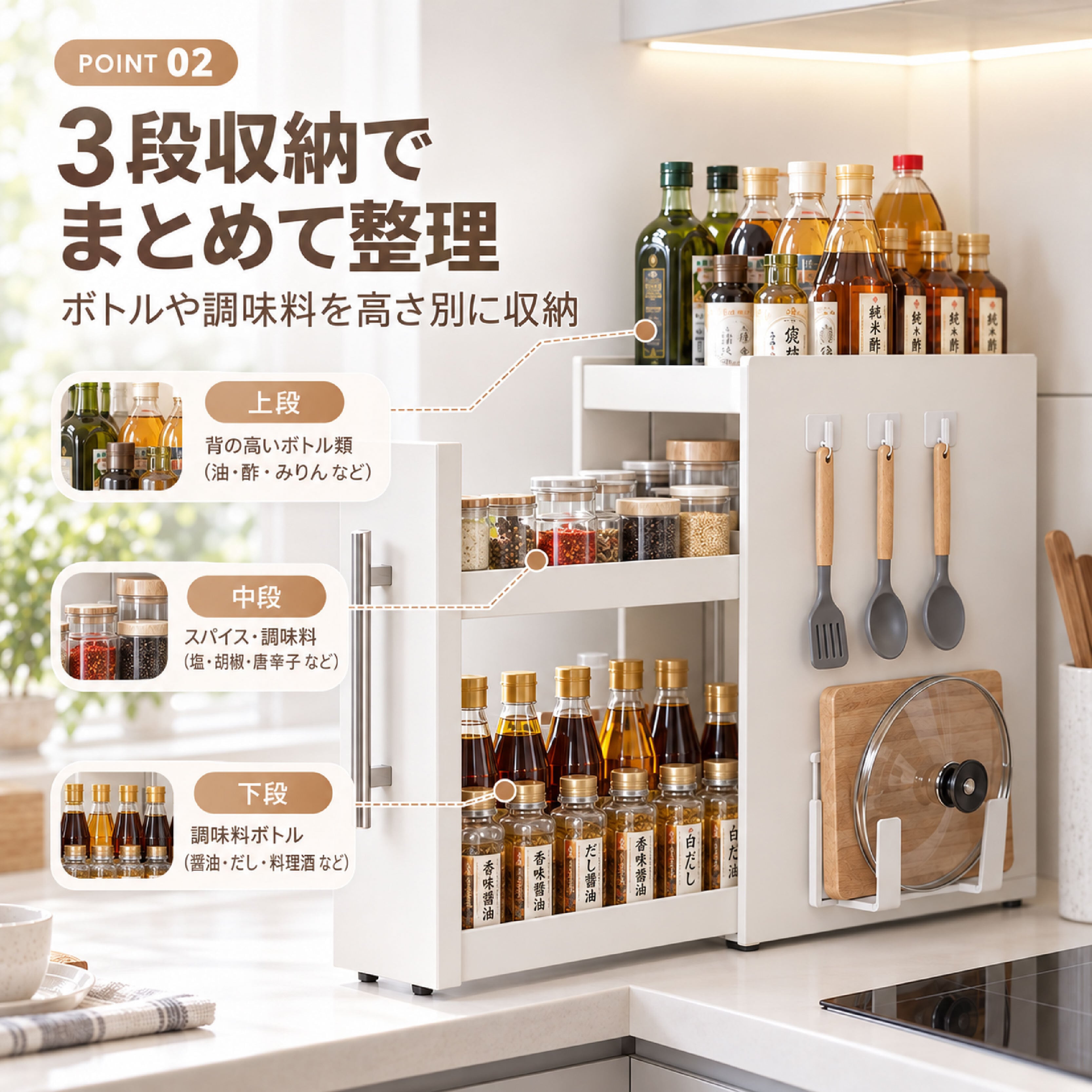 HY 1251 .調味料ラック 引き出し式 3段 スパイスラック キッチン収納