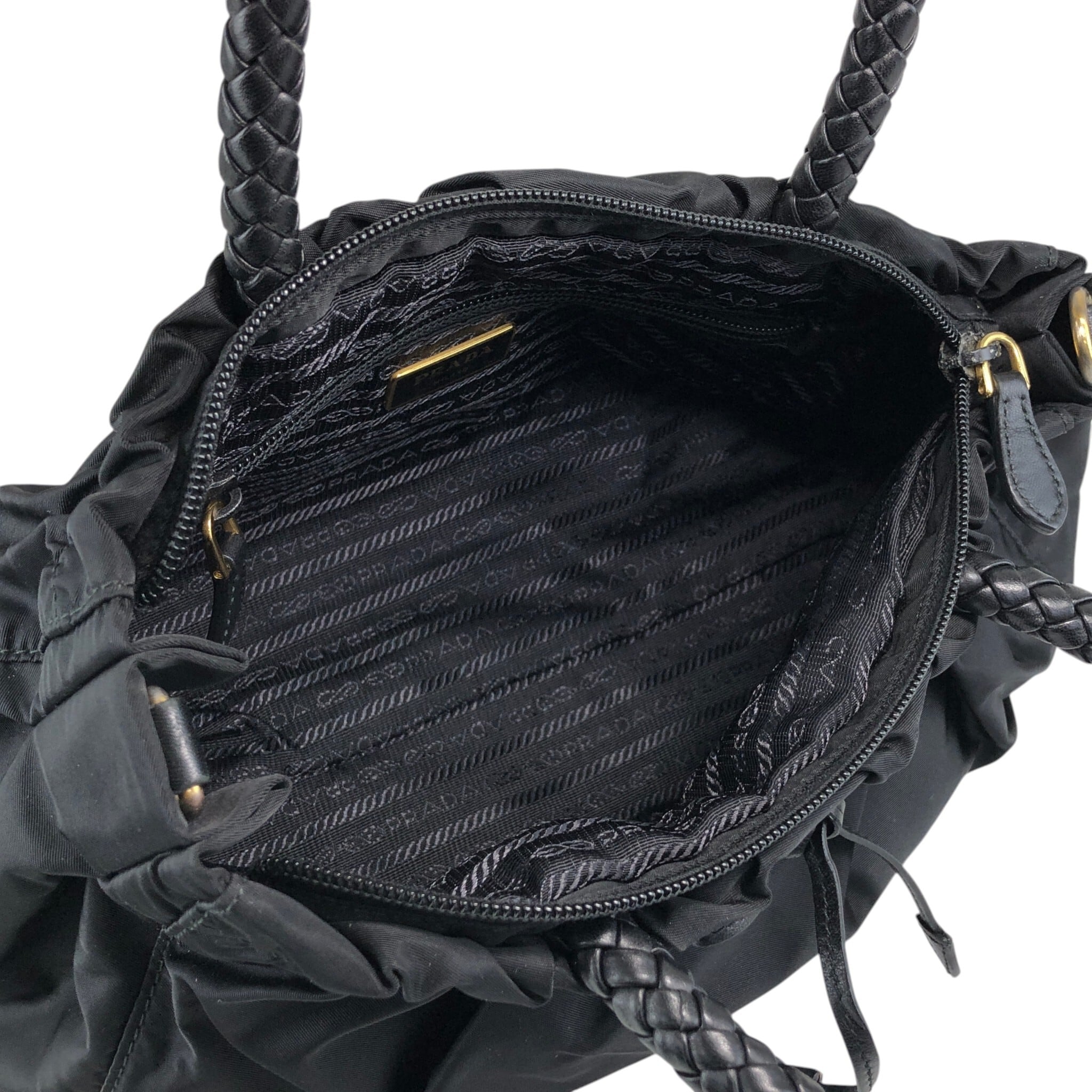 PRADA プラダ ハンドバッグ ブラック リボン ナイロン ギャザー