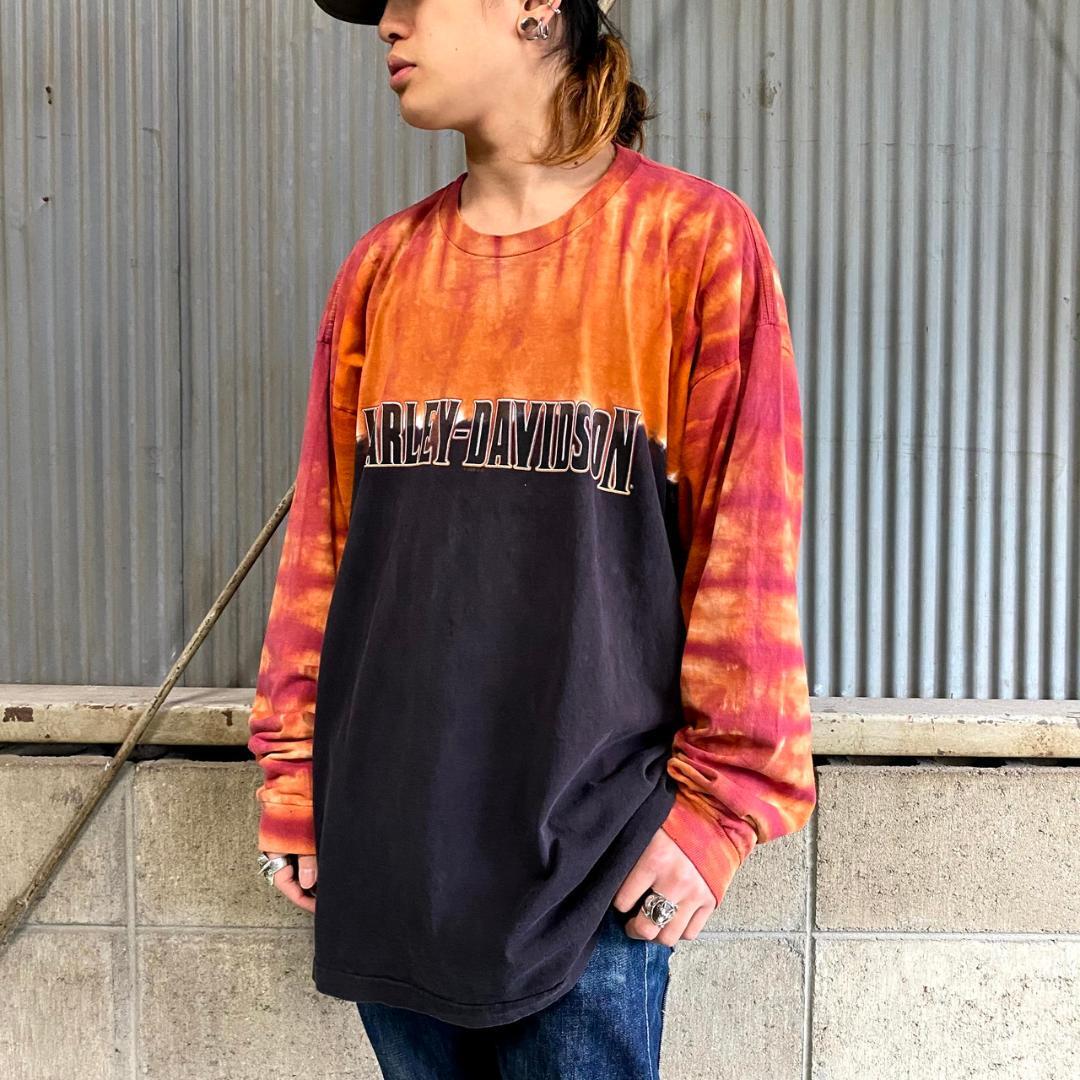 ビッグサイズ USA製 Harley-Davidson ハーレーダビッドソン タイダイ染め ロングTシャツ メンズXXL 古着 バイク モーターサイクルTシャツ 袖プリント バックプリント オレンジ×ブラック 黒 大きいサイズ【ロングTシャツ】 | cave 古着屋【公式】古着通販サイト