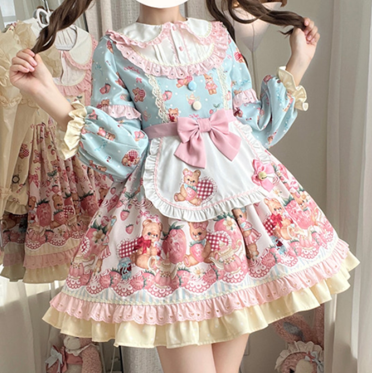 ゆめかわ♡全3カラー エプロン付き編み上げリボンワンピース wanpi114