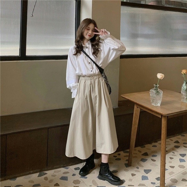 【韓国通販 dgo】キャンディースリーブシャツ＋ロングスカート 2piece（W2134)