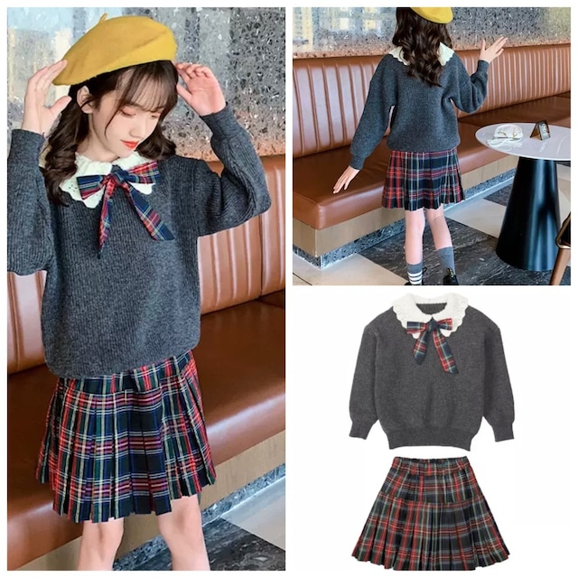 120~170cm ★ セットアップ セットアイテム 制服 リボン セーター ニット ブラウス チェック柄 ミニスカート ショート丈スカート