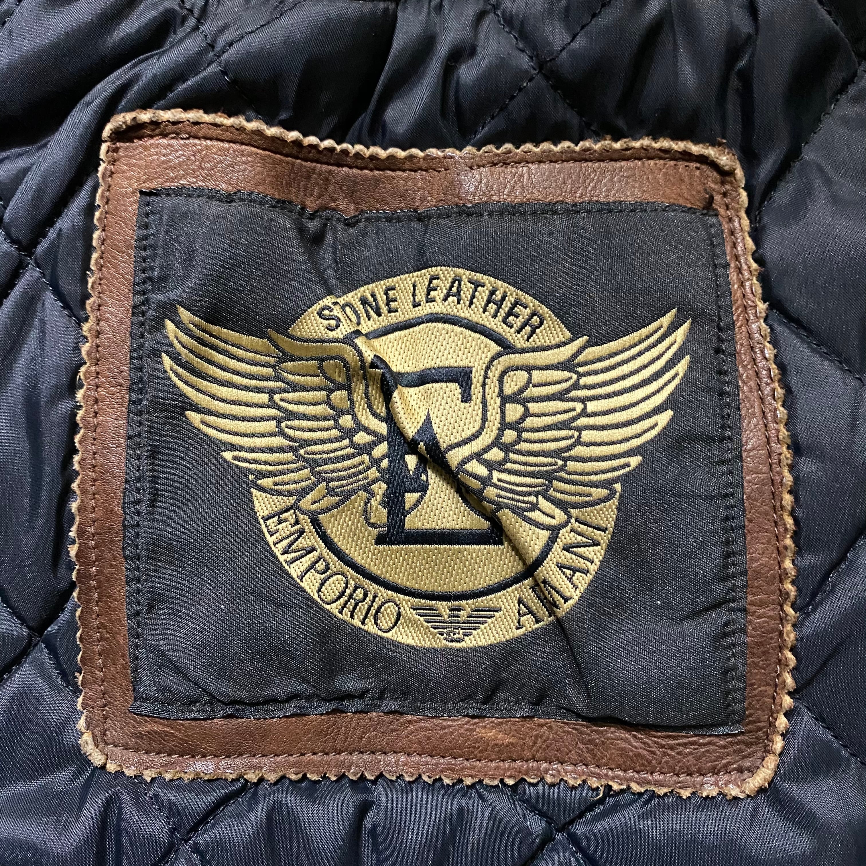 vintage EMPORIO ARMANI brown leather riders jacket with boa collar 