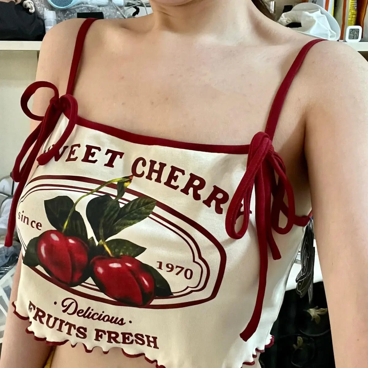 コケット 90 年代ヴィンテージ服女性コルセットトップ包帯チェリー
