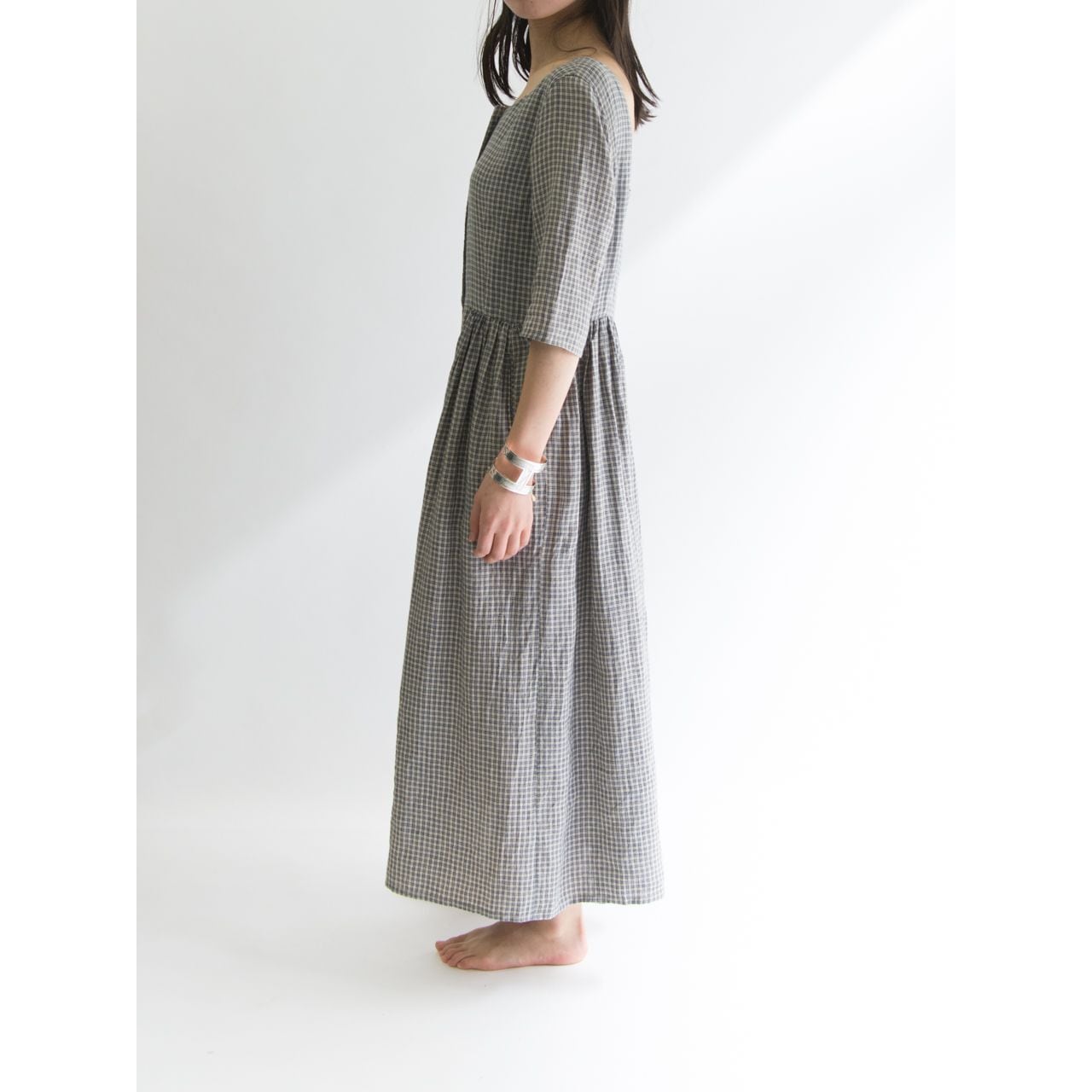 ASPESI BASIC】Made in Italy 100% linen check long dress ASPESI BASIC】Made in Italy 100% linen check long dress