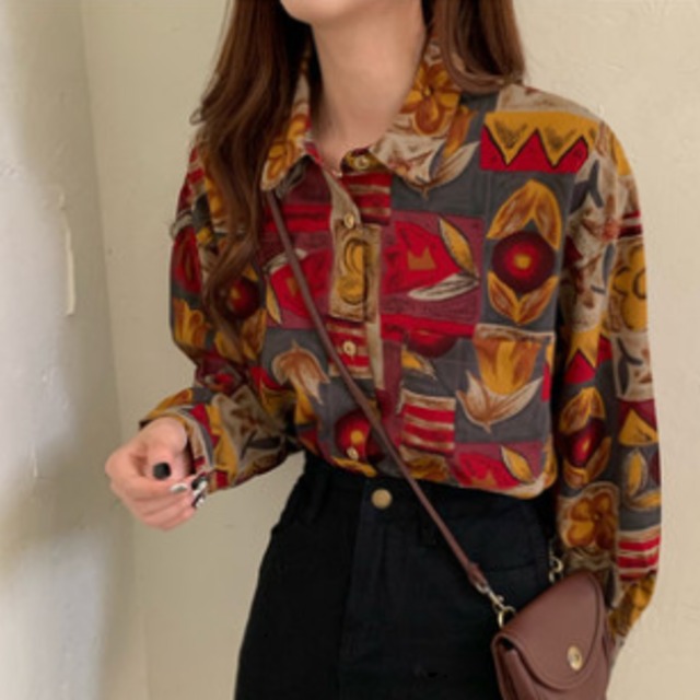 シャツ ブラウス 長袖 柄 秋 冬 前開き カジュアル おしゃれ お洒落 ...