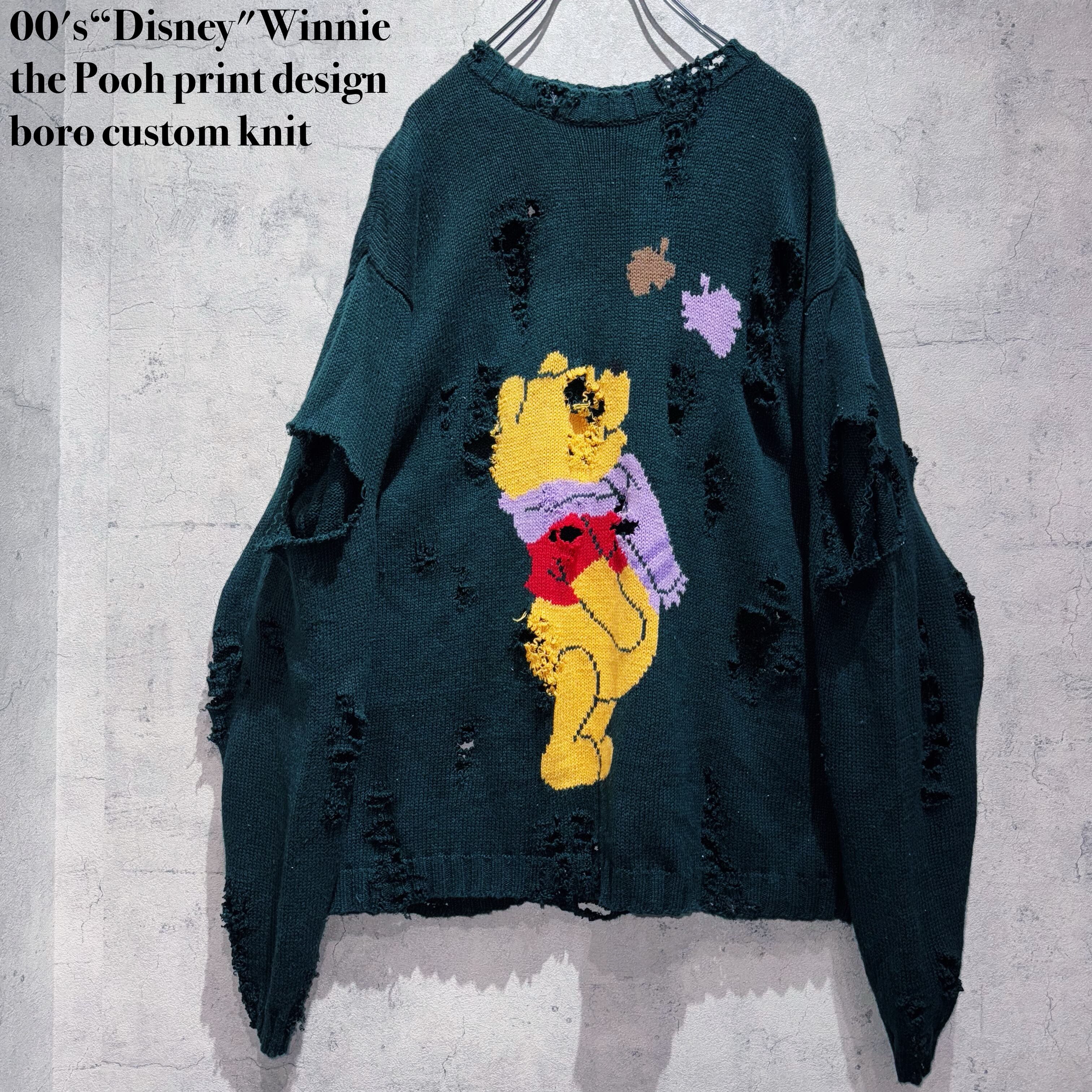 00's“Disney"Winnie the Pooh print design boro custom knit