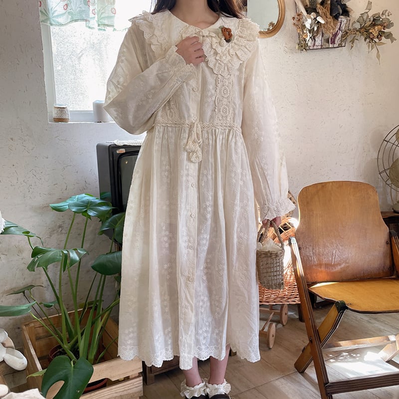 ブローチ付きレースドールカラードローストリングワンピース W1218