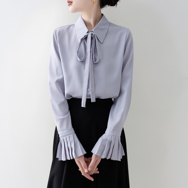 プリーツ袖ボウタイリボンブラウス Me1026