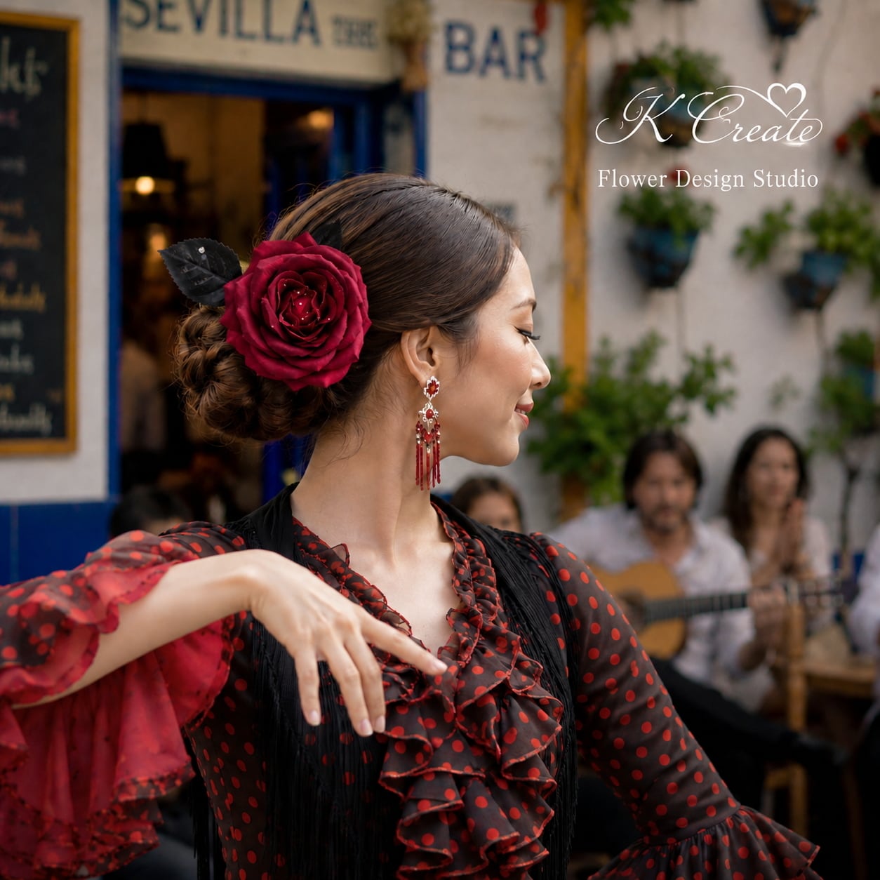 赤い薔薇と黒い葉の大輪フローレス Red Rose & Black Leaves Hair Flower|Flamenco Flores|U-pin Hairpiece|K Create