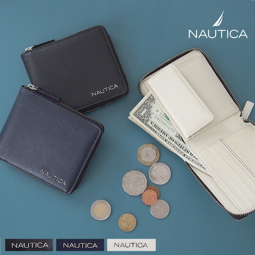 NAUTICA  ノーティカ 財布 ：  二つ折り財布 ロゴメタル  角シボ バイフォールドウォレット メタルロゴ＆角シボの高級感ある二つ折り財布 4NT0020